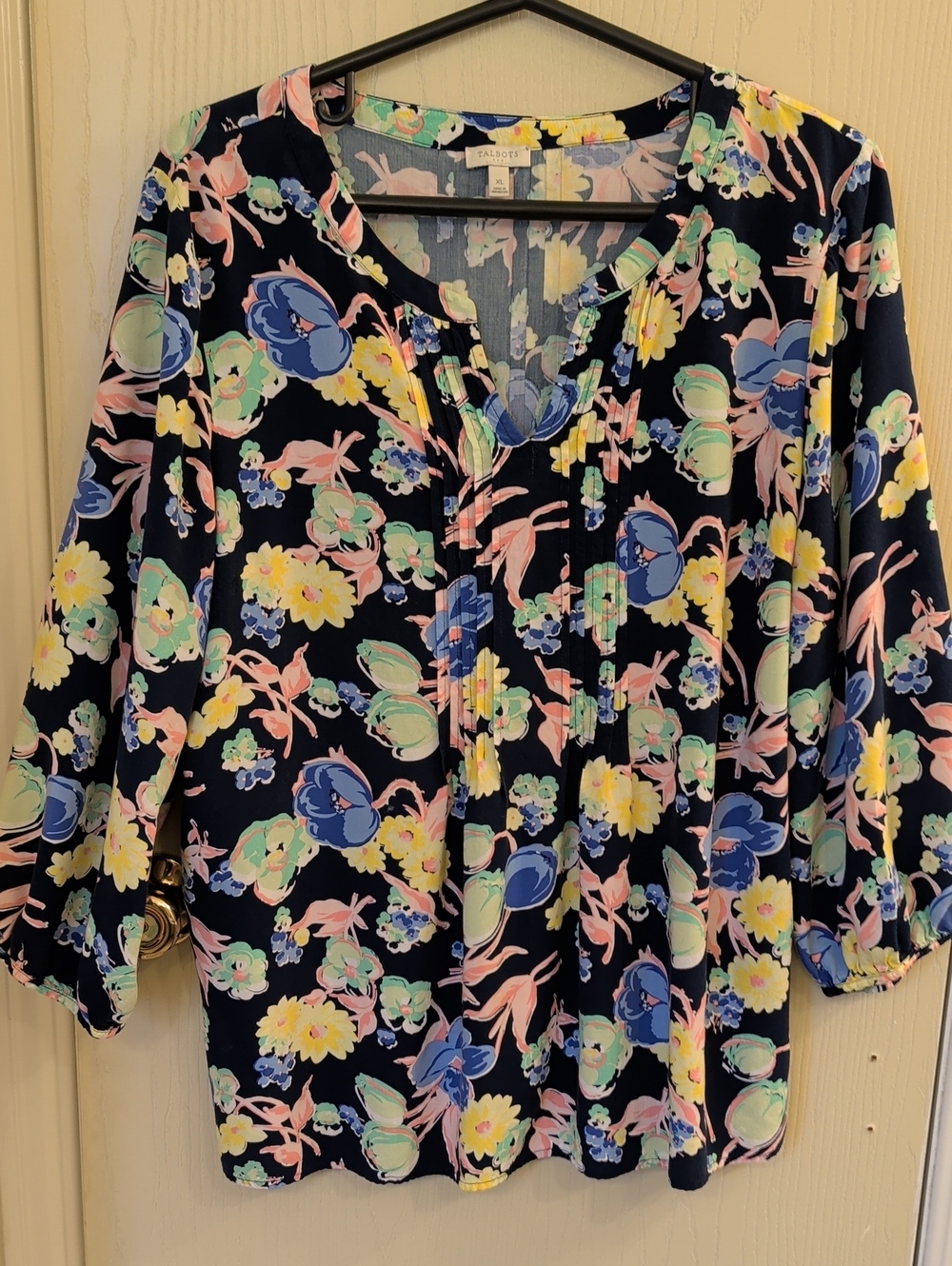 Talbots Navy Floral Rayon Blouse XL Pintuck 3/4 Sleeve Boho Top